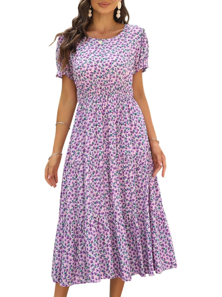 Women Floral Print Tiered Modest Puff Sleeve Midi Dress With Pocket | Summer Flo